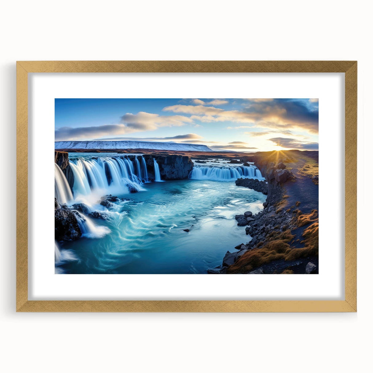 Extra large abstract art print depicting a textured scenery of South America, in muted earth tones, framed in gold.
