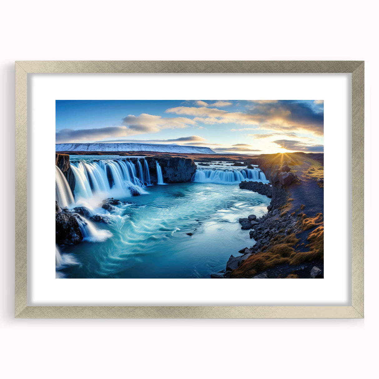 Textured abstract art print of a South American scenery in silver frame, using muted earth tones, ideal for bedroom art.
