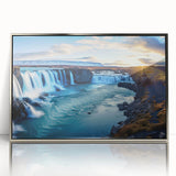 Mid-century modernist art depicting an Argentine landscape in muted earth tones on a silver-framed acrylic panel.