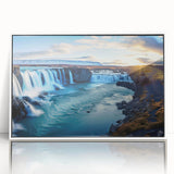 Acrylic print of a South American landscape in muted earth tones, framed in white, suitable for modern nursery decor.