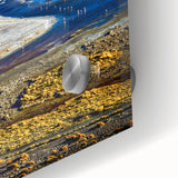Large abstract wall art depicting a Bolivian landscape in vibrant earth tones on acrylic glass.