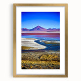 Extra large abstract art print of a Bolivian landscape in textured gold frame, featuring earthy tones.