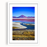 Abstract art print of a Bolivian landscape in muted earth tones on a framed white mat, ideal for dining room decor.