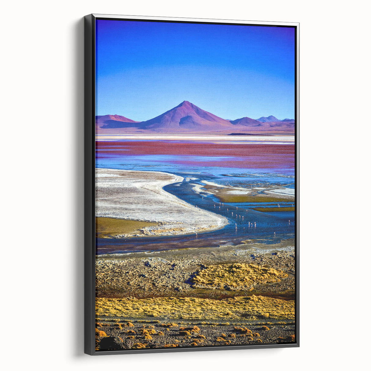 Black and white framed canvas of a Bolivian landscape, ideal for bedroom wall decor.