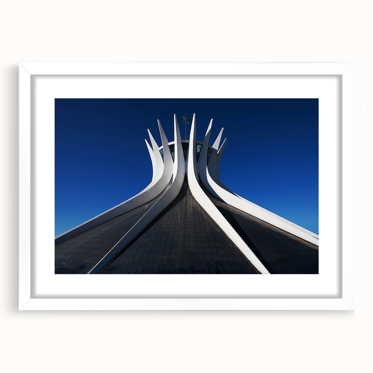 Abstract art print of a Brazilian landscape in muted earth tones on a framed white mat, ideal for dining room decor.