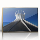Mid-century modernist style acrylic print of a Brazilian landscape, framed in gold, suitable for modern art wall decor.