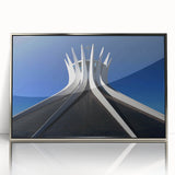 Mid-century modernist art depicting a serene Brazilian landscape in muted earth tones, framed acrylic.