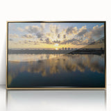 Mid-century modernist Daytona scenery on a large framed acrylic print with gold hues, ideal for modern art wall decor.