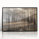 Large abstract wall art depicting a stylized Louisiana landscape in muted earth tones, framed in black acrylic.