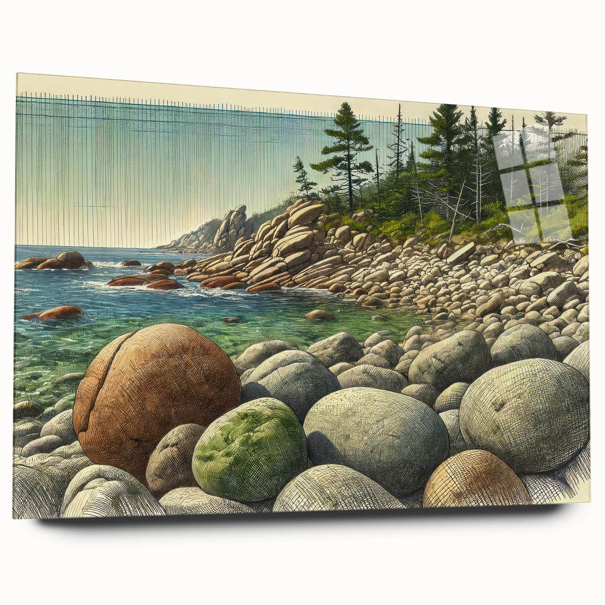 Acrylic print of Acadia National Park with vivid blue and green tones, ideal for bedroom or dining room art.