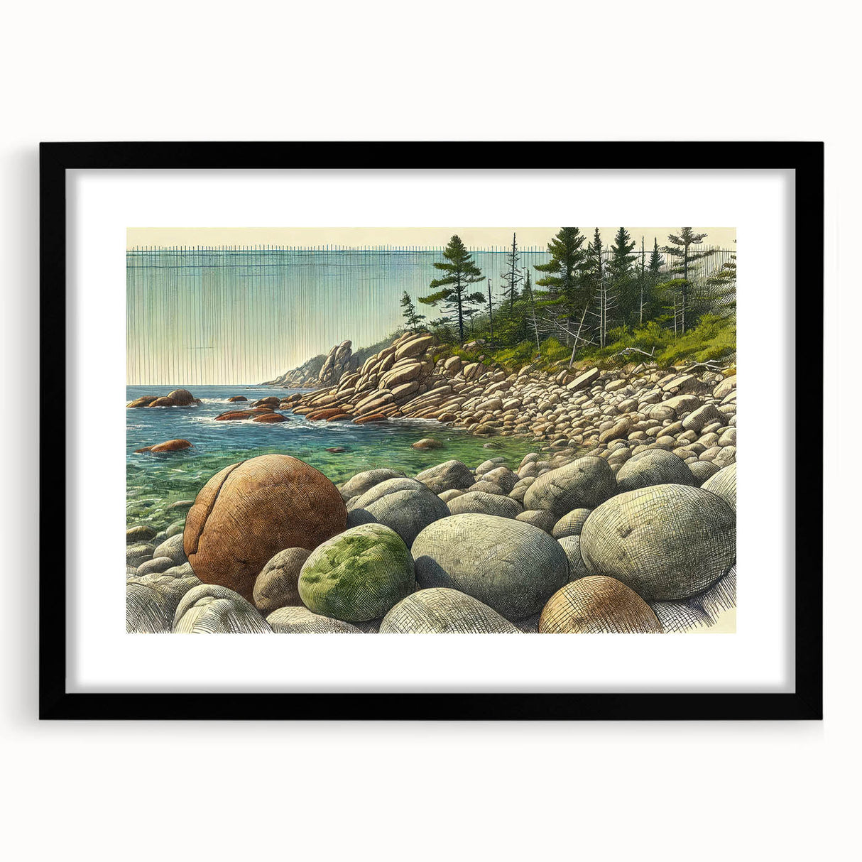Colorful abstract art print of Acadia, featuring textured brush strokes in vibrant hues on a large framed canvas.