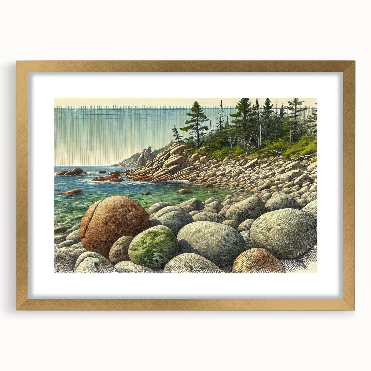 Extra large abstract art print of Acadia, Maine, in gold frame, ideal for living room decor.