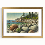 Extra large abstract art print of Acadia, Maine, in gold frame, ideal for living room decor.
