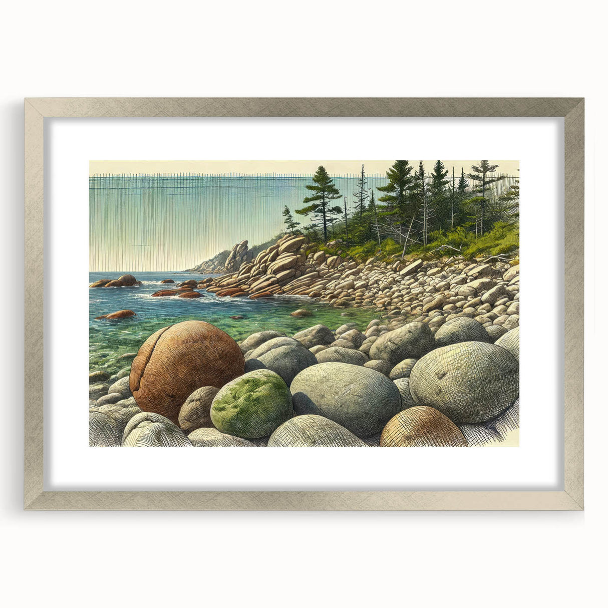 Textured abstract art print depicting Acadia, Maine in muted earth tones on a framed silver mat, ideal for bedroom art.