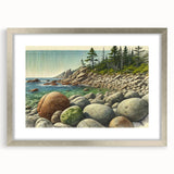 Textured abstract art print depicting Acadia, Maine in muted earth tones on a framed silver mat, ideal for bedroom art.