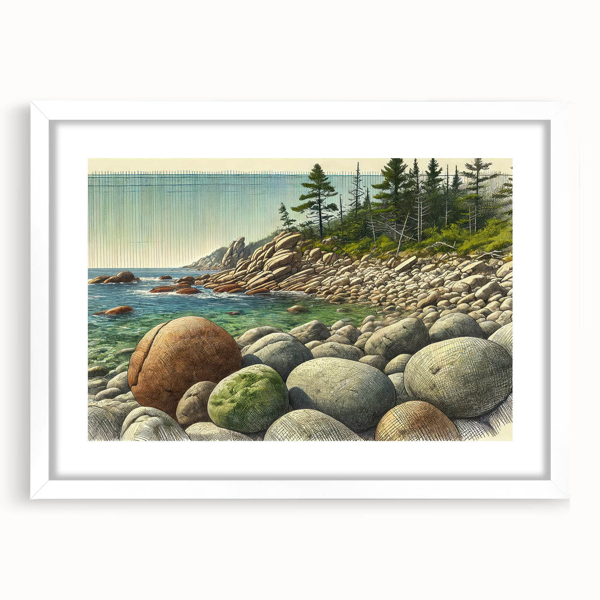 Abstract art print of Acadia's scenic landscape in muted blues and greens, framed with a white mat.