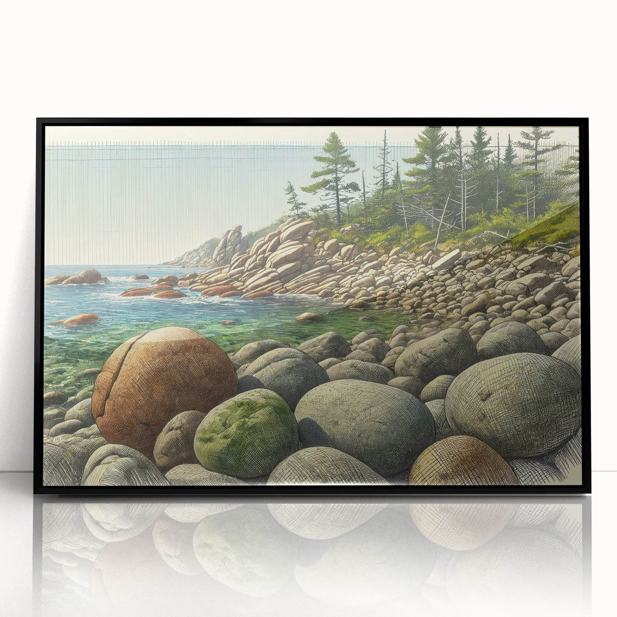 Large abstract wall art depicting Acadia, Maine in muted earth tones on a black framed acrylic.