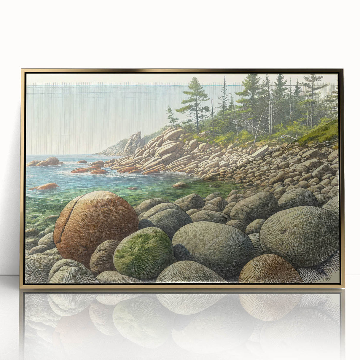 Acadia National Park scenery on large acrylic print framed in gold, featuring mid-century modernist style.