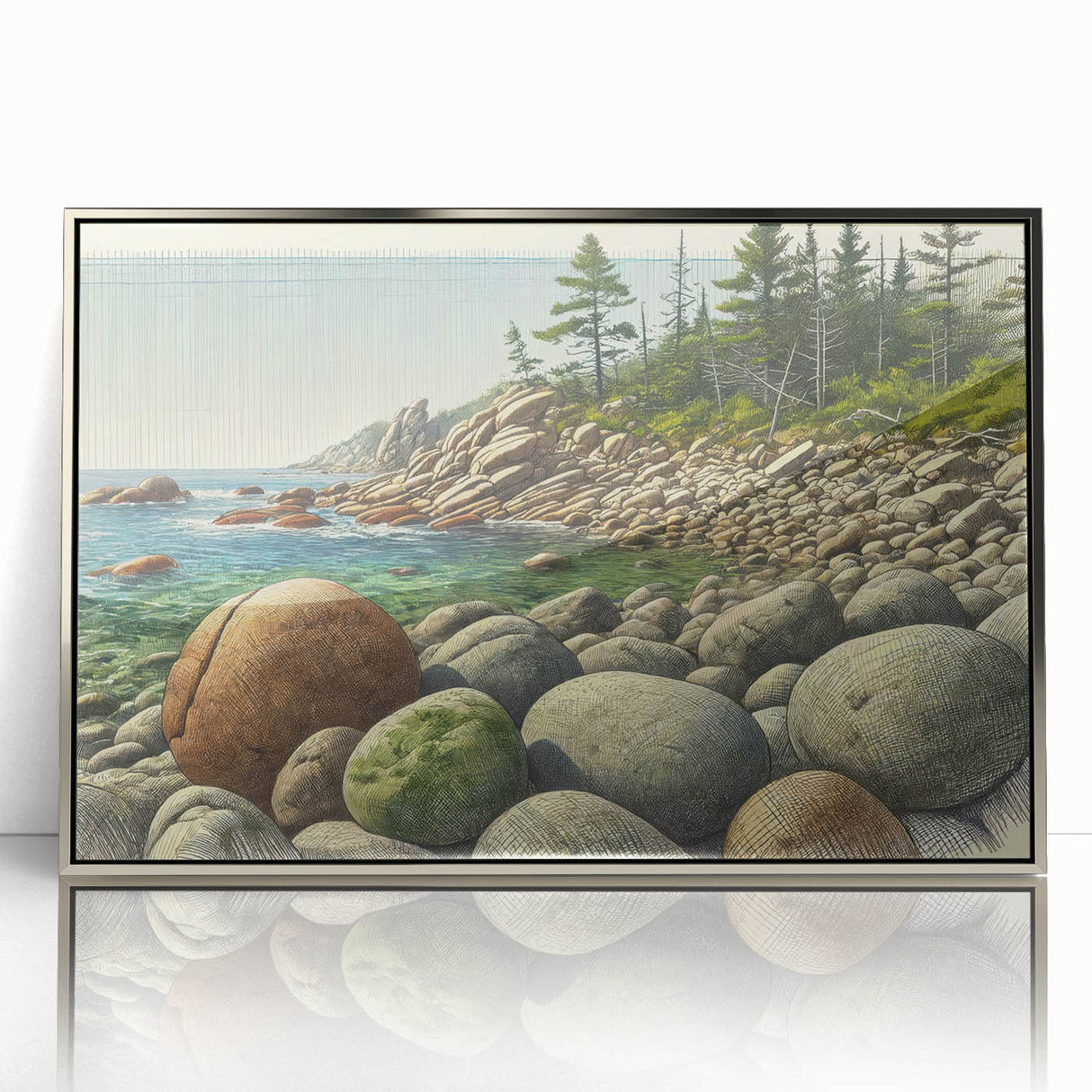 Mid-century modernist art depicting Acadia's landscape in muted earth tones on a silver-framed acrylic print.