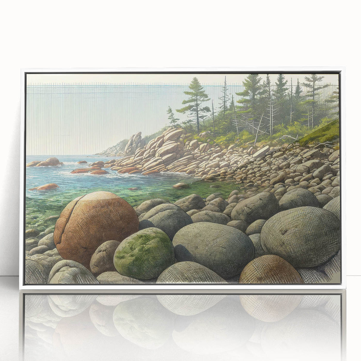 Acadia National Park scenery depicted in art deco style on a white-framed acrylic print, suitable for modern nursery decor.