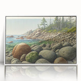 Acadia National Park scenery depicted in art deco style on a white-framed acrylic print, suitable for modern nursery decor.