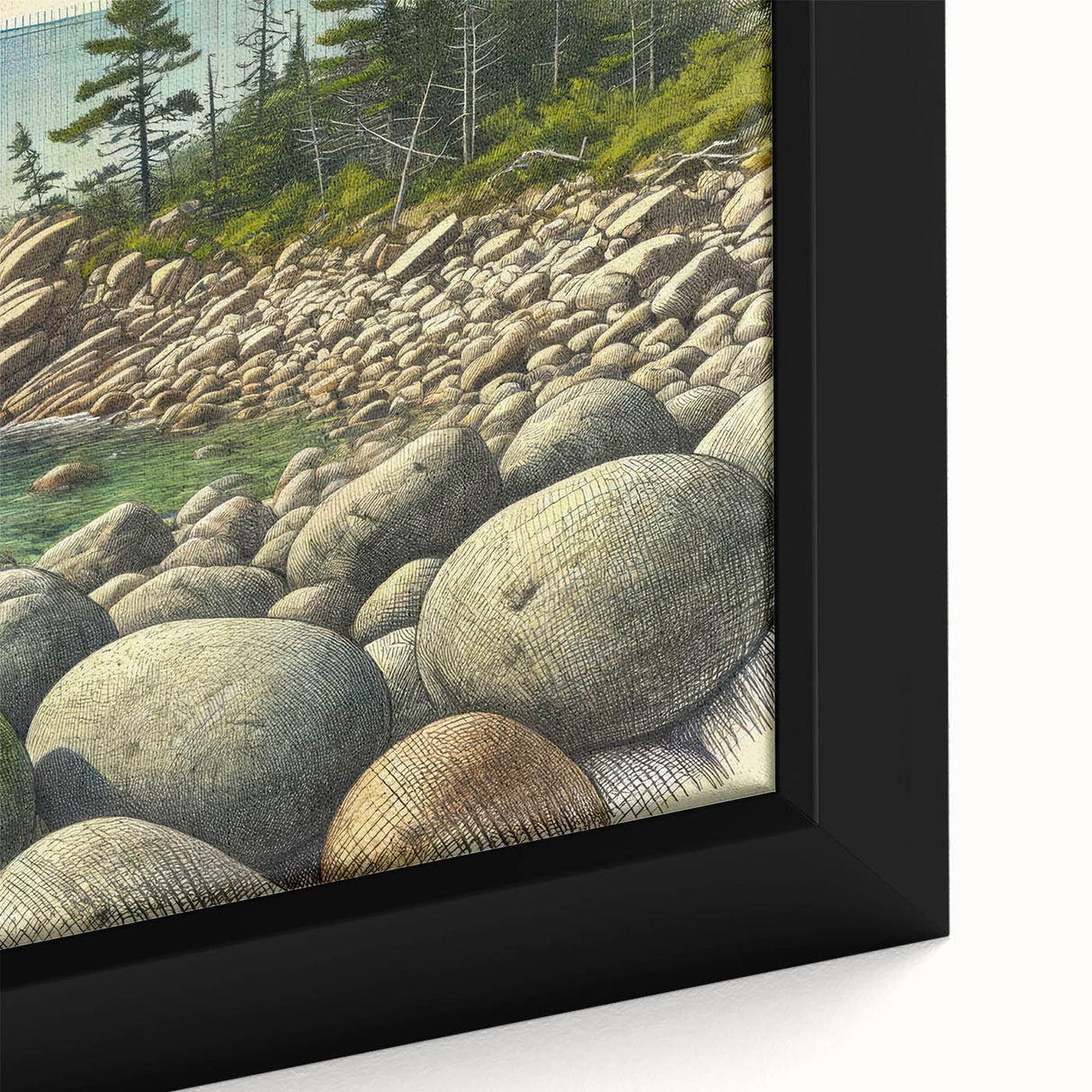 Extra large framed canvas featuring a textured depiction of Acadia's rugged coastline in black with colorful accents.