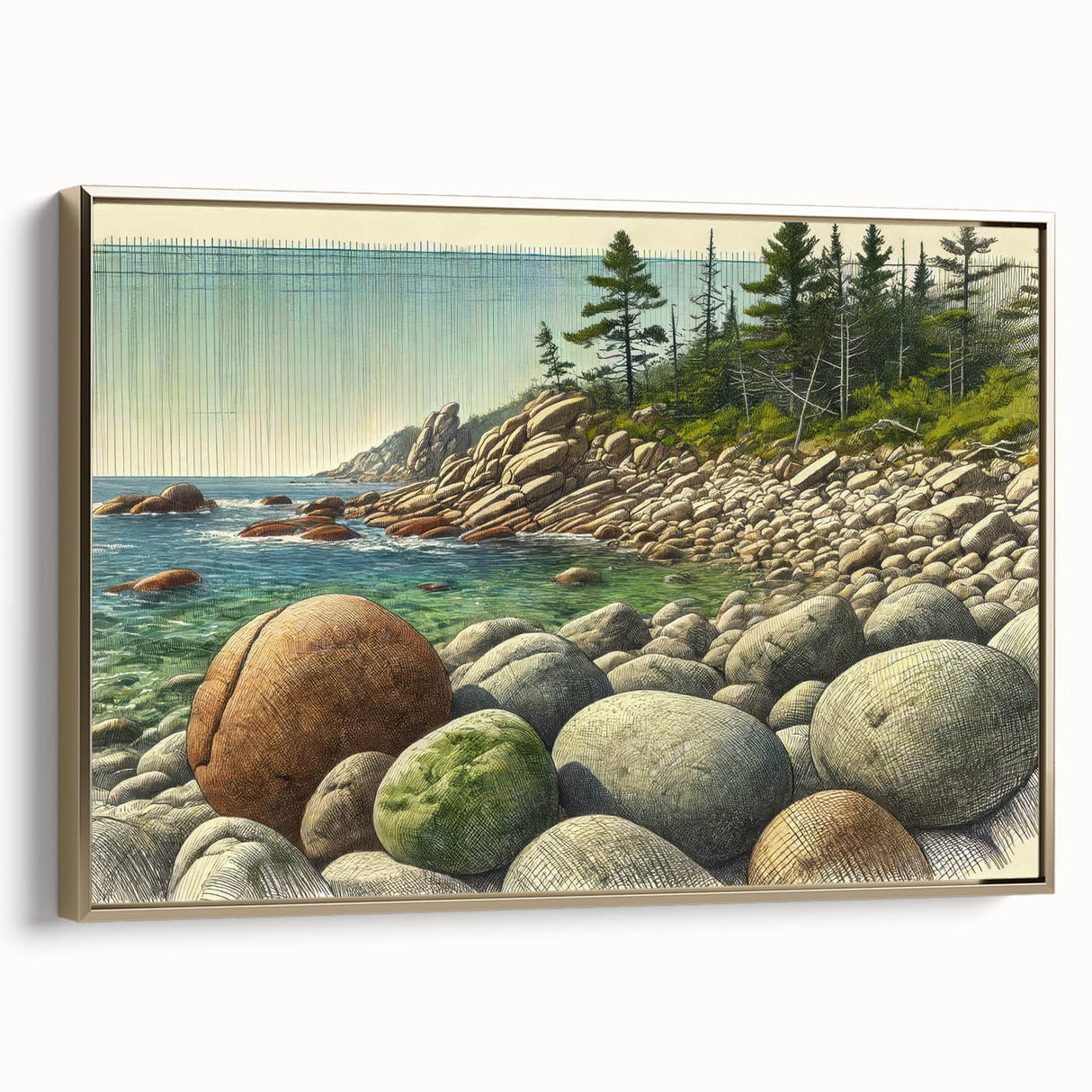 Framed canvas landscape painting of Acadia, Maine, with vibrant autumn colors, ideal for living room decor.