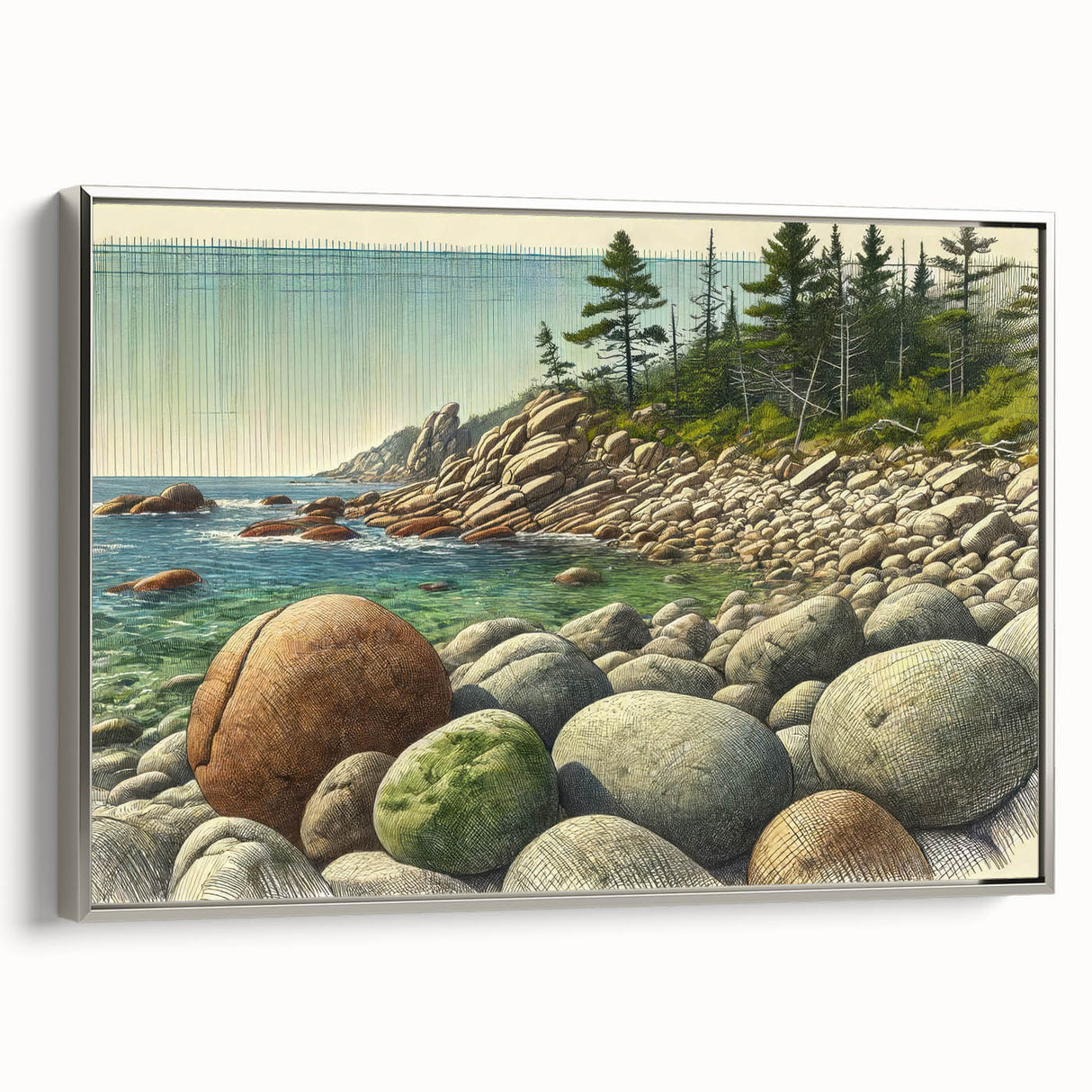 Framed canvas featuring a vintage-style landscape of Acadia, Maine, with muted earth tones, ideal for bedroom wall art.