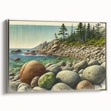 Framed canvas featuring a vintage-style landscape of Acadia, Maine, with muted earth tones, ideal for bedroom wall art.