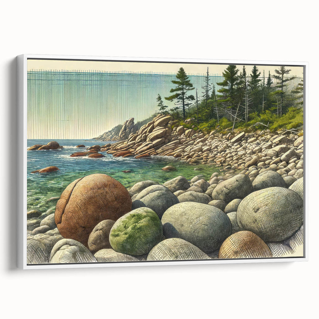 Vintage poster art of Acadia, Maine on framed canvas, featuring colorful art in extra large size.