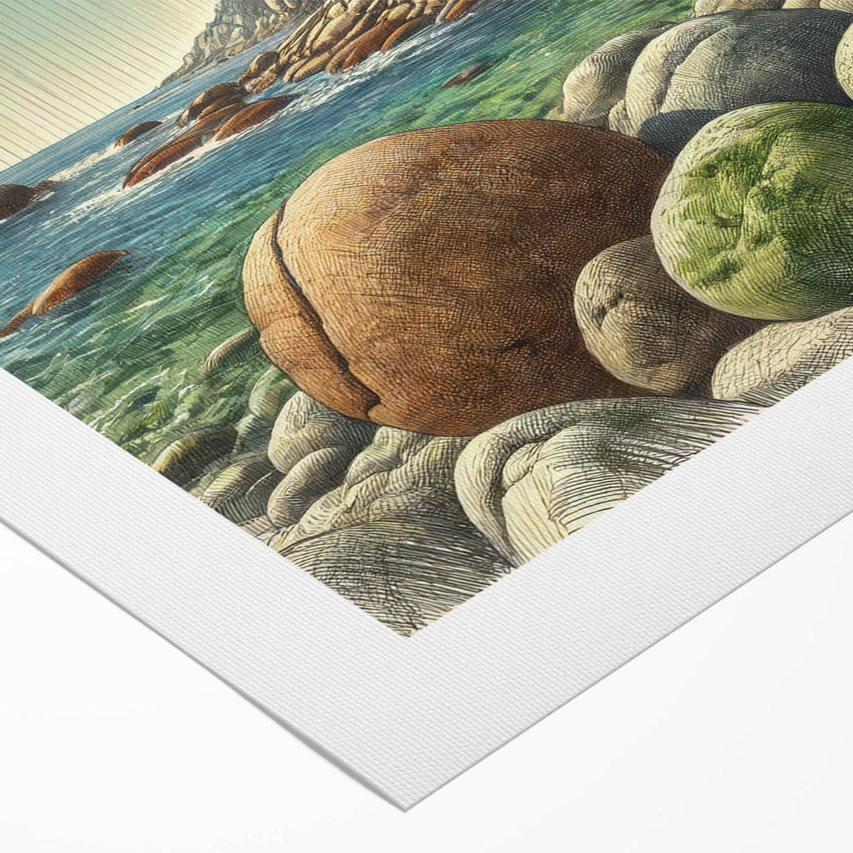 Art deco poster of Acadia National Park in muted green and blue tones on rolled canvas, ideal for dining room wall art.