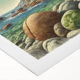 Art deco poster of Acadia National Park in muted green and blue tones on rolled canvas, ideal for dining room wall art.
