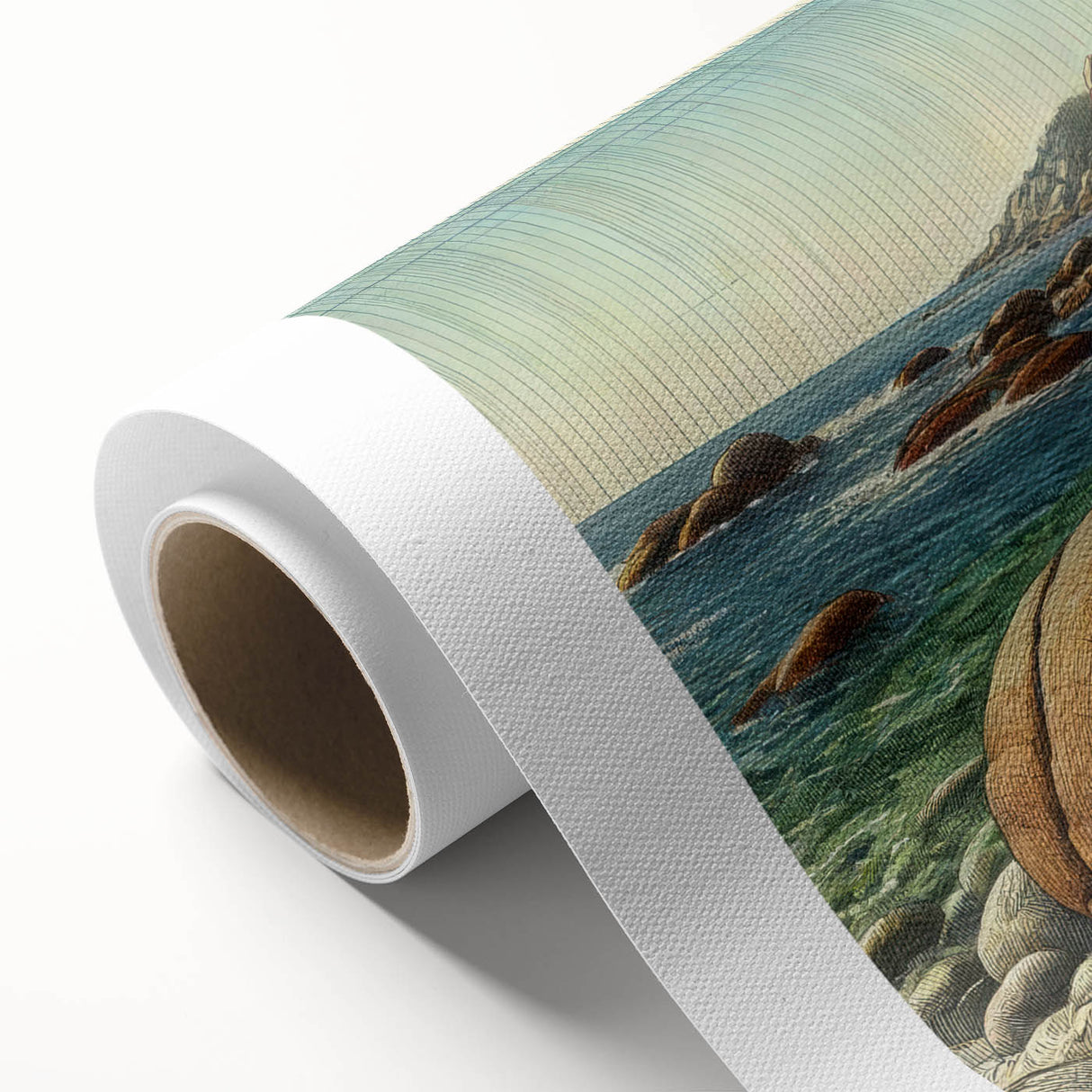 Art deco poster of Acadia National Park with muted green and blue tones on rolled canvas, ideal for nursery wall art.
