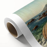 Art deco poster of Acadia National Park with muted green and blue tones on rolled canvas, ideal for nursery wall art.