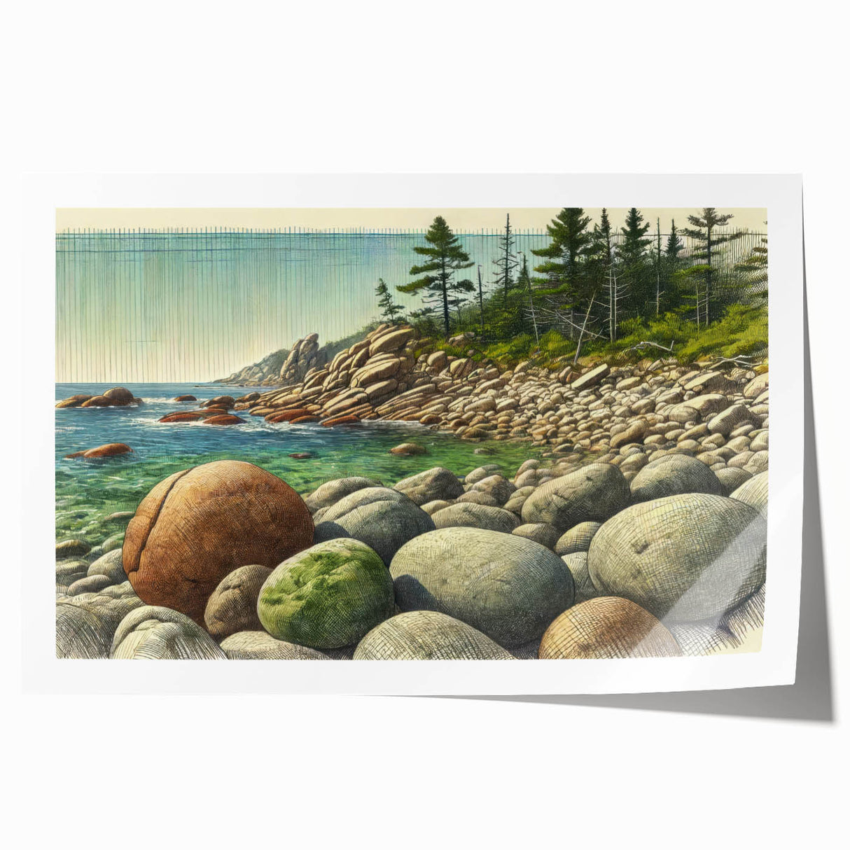 Acadia National Park scenery on a rolled print, featuring soft pastel colors, ideal for dining room wall art.