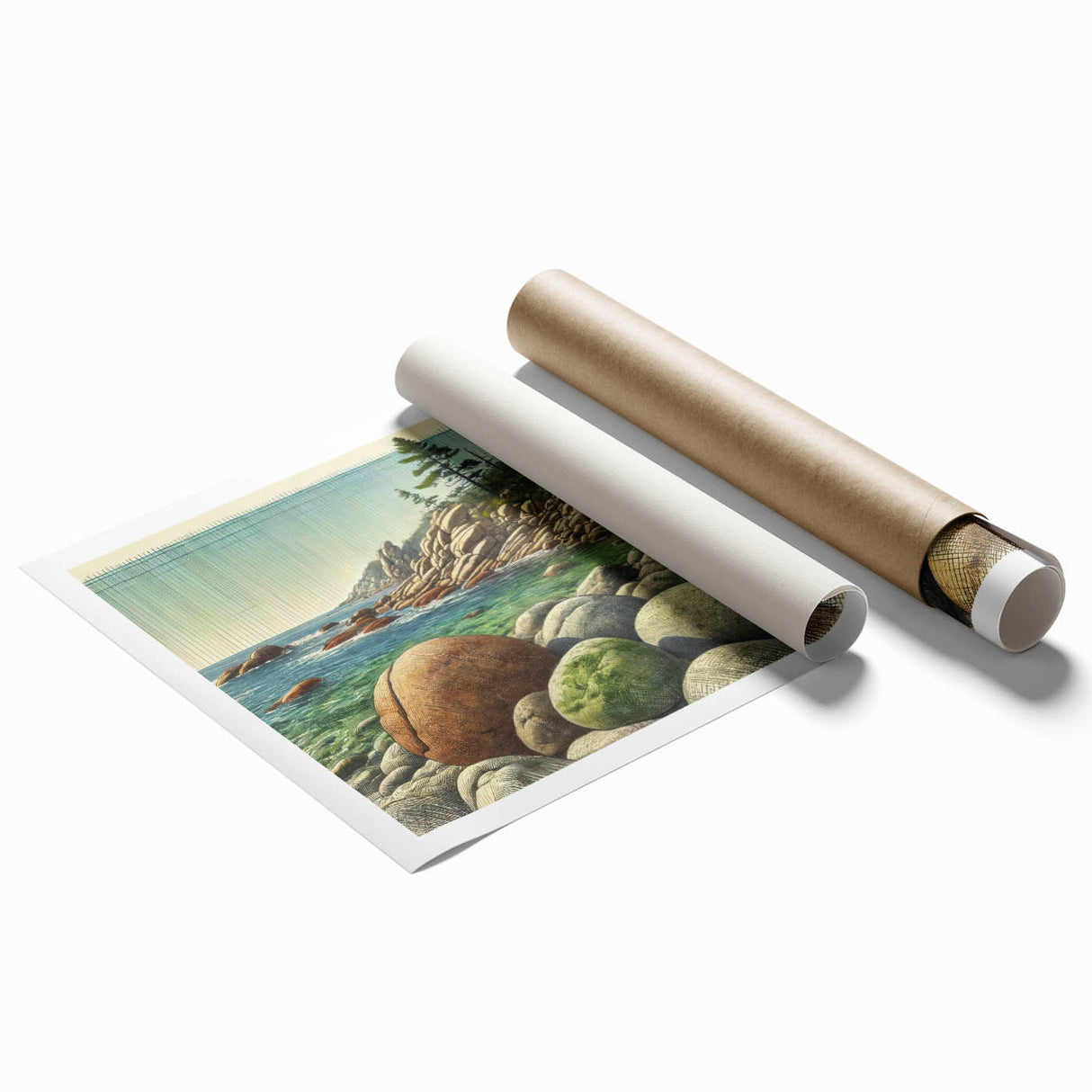 Acadia National Park scenery on rolled print, featuring muted earth tones and floral elements.