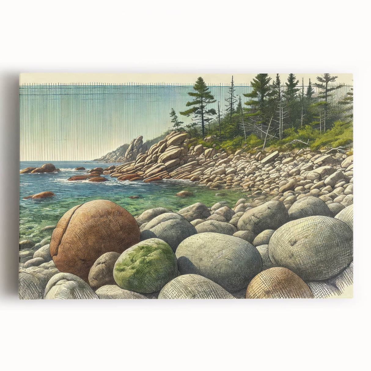 Black and white photograph of Acadia National Park on large stretched canvas, ideal for kitchen wall art.
