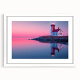 Abstract art print of Maine scenery in muted blue and green tones, framed with a white mat, suitable for dining room decor.