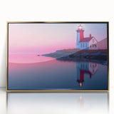 Mid-century modernist landscape of Maine in acrylic, framed in gold, suitable for modern art wall decor.