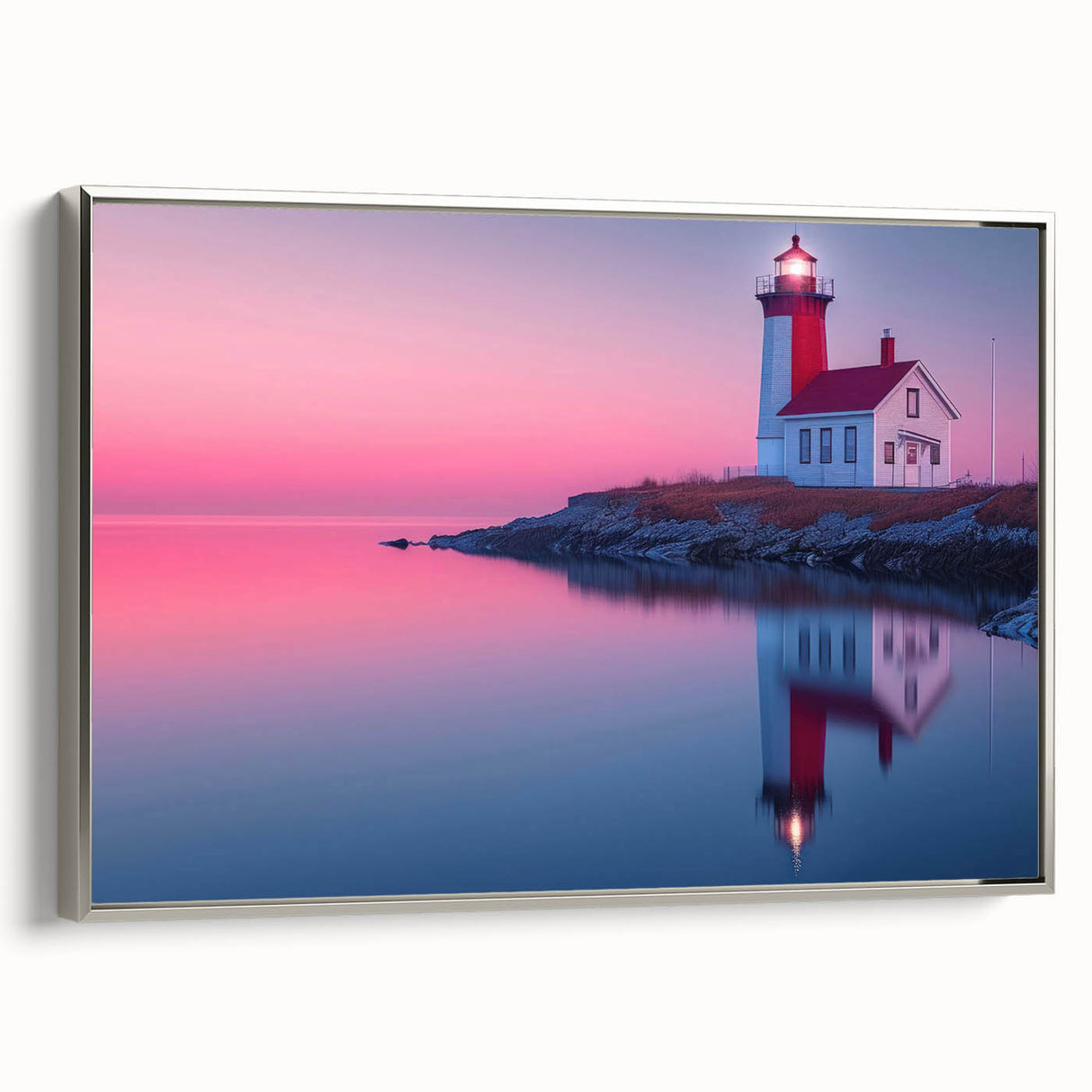 Framed canvas featuring a vintage-style landscape painting of Maine's coastline in muted colors, ideal for living room decor.