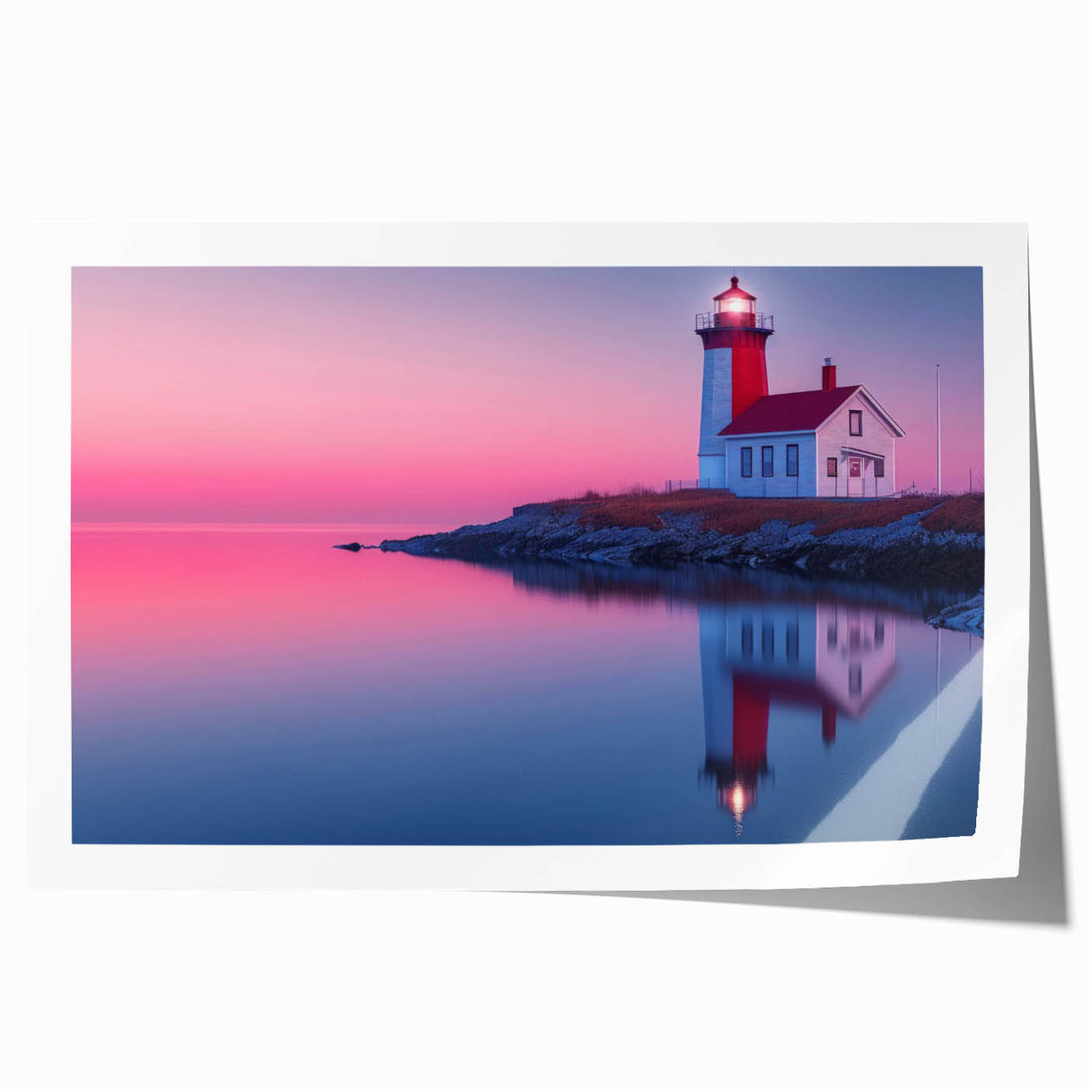 Scenic Maine coastline in muted blue and gray tones on a large rolled canvas, suitable for dining room decor.