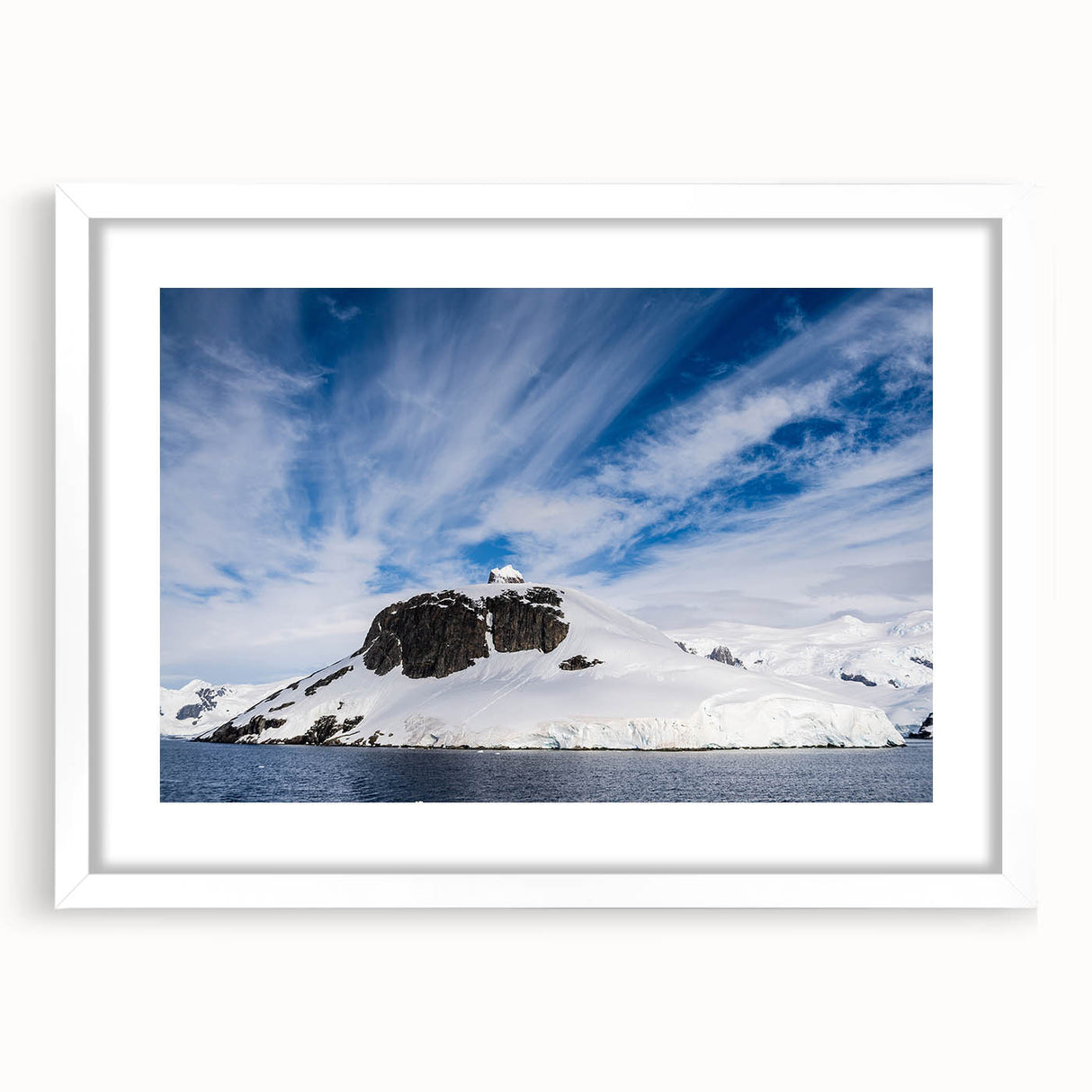 Abstract art print of Charlotte skyline in muted blue and gray tones on a framed white mat, suitable for dining room decor.