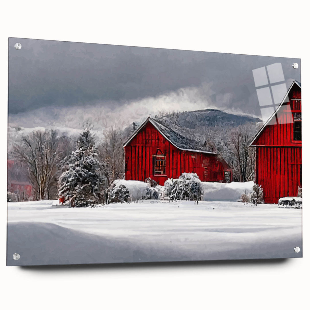 Acrylic print of a Vermont landscape with green foliage and a serene lake, suitable for dining room decor.