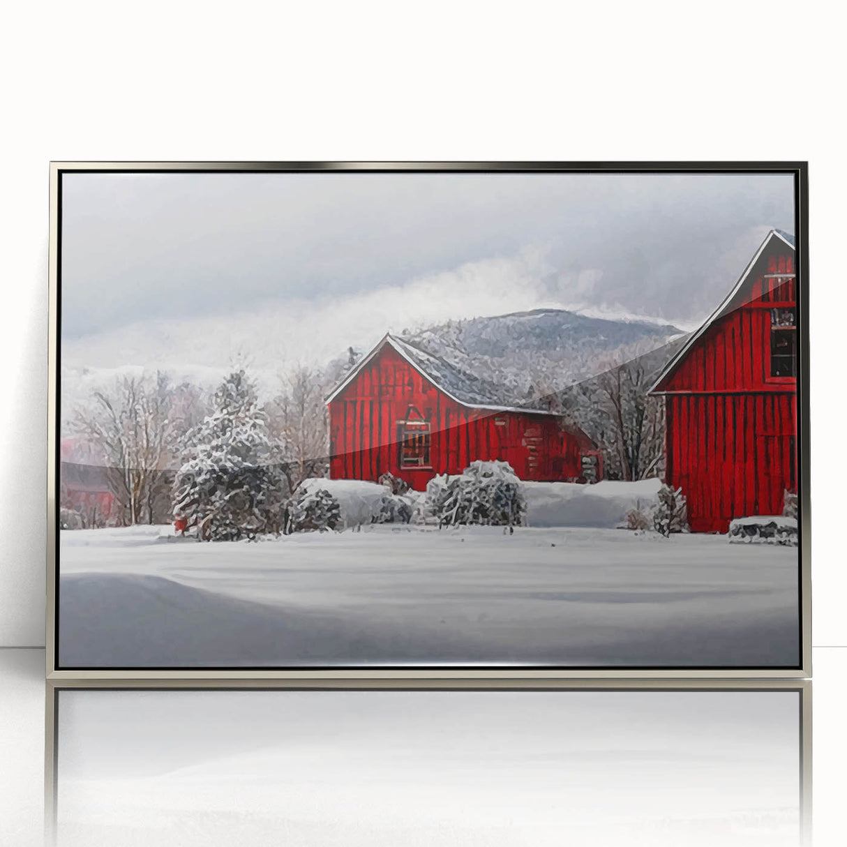 Mid-century modernist art depicting Vermont scenery in muted green and blue tones, framed in silver acrylic.