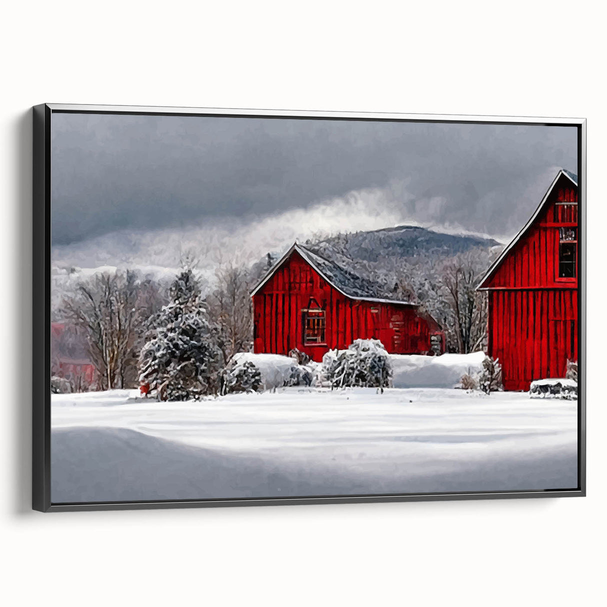 Black and white framed canvas of a Vermont landscape in vintage poster style, ideal for bedroom wall art.