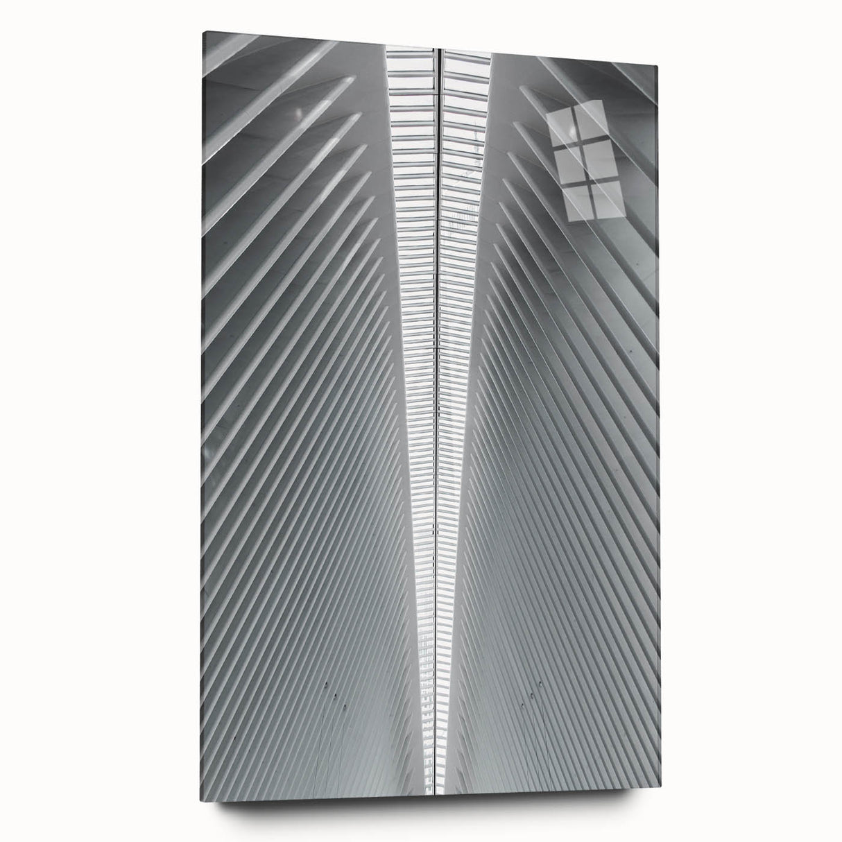 Acrylic print of a large abstract depiction of Seattle, in muted blue and gray tones.
