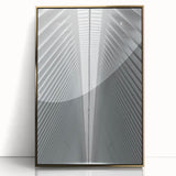Mid-century modernist Seattle skyline on a large acrylic print with gold frame, ideal for modern art wall decor.