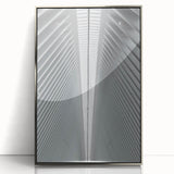 Mid-century modernist art depicting Seattle skyline in muted gray tones on a framed acrylic print.