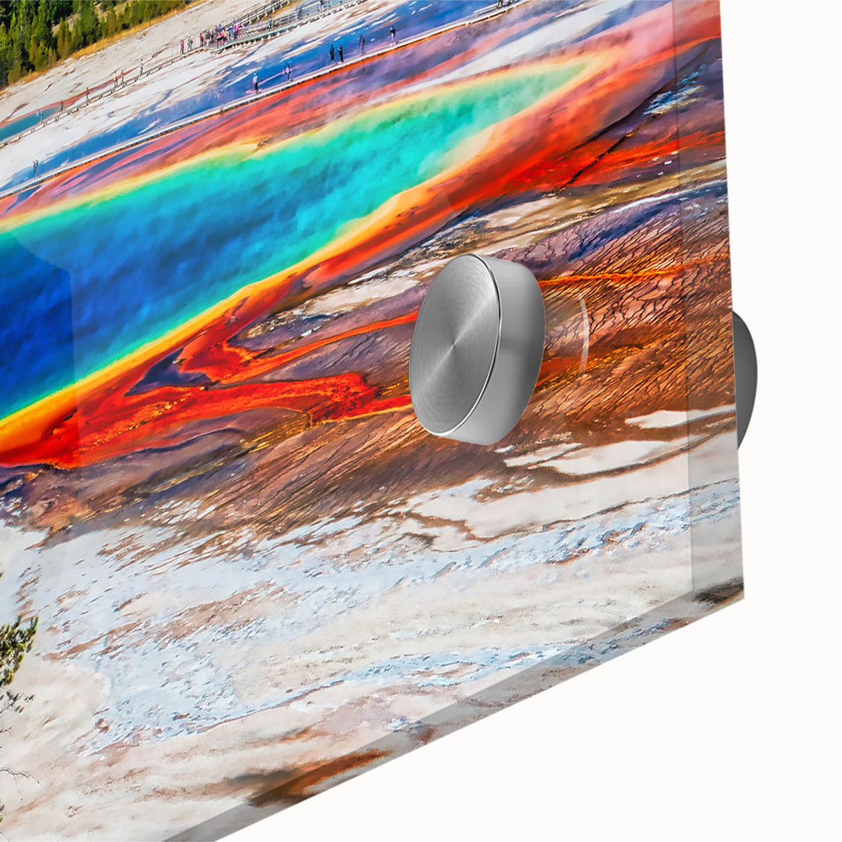 Large abstract depiction of Yellowstone on acrylic glass, with vivid earth tones, ideal for dining room art.