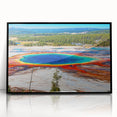 Large abstract wall art depicting Yellowstone scenery in muted earth tones, framed in black acrylic.